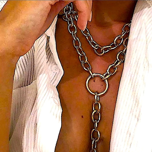 Y Lariat Gold O Link Chunky Statement Chain Link Exaggerated Necklace - Picture 1 of 6